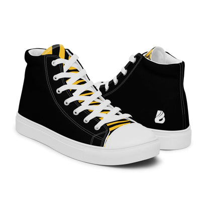 High-Top Leinenschuhe für Herren N°3 in Schwarz mit weißen Schnürsenkeln und gelben Akzenten, ideal für modische Outfits
