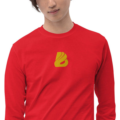 Red Herren-Langarmshirt N°2 with ribbed cuffs and classic fit, featuring a stylish yellow logo design for cooler days.