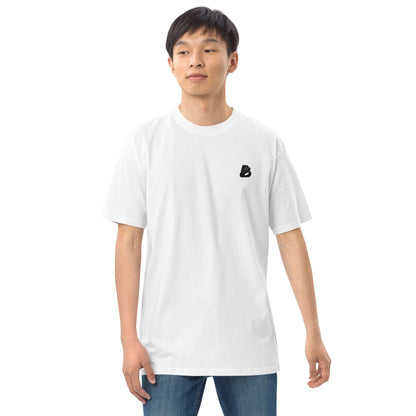 Person wearing Schweres Premium T-Shirt für Herren N°0 in white with a modern fit, highlighting durability and softness.