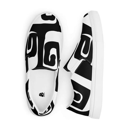 Herren-Canvas-Slipper N°0, black and white patterned, lightweight shoes with EVA rubber soles and removable soft insoles for comfort.