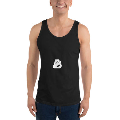 Man wearing a black Unisex-Tank-Top N°6 with logo, featuring quality fabric and soft texture.