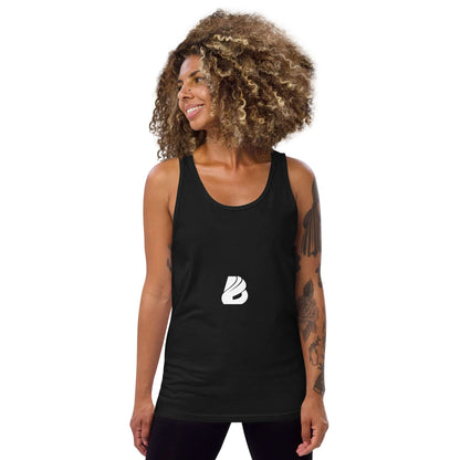 Model wearing Unisex-Tank-Top N°6, classic black sleeveless shirt, focus on comfort and quality, essential wardrobe piece.