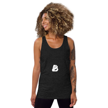 Unisex-Tank-Top N°6 in black worn by model, classic and essential tank top for quality and softness, 100% combed cotton, side seams.