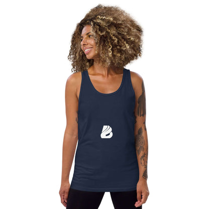 Woman wearing Unisex-Tank-Top N°6 navy blue with logo, showcasing sleeveless style and soft fabric. Perfect essential wear.