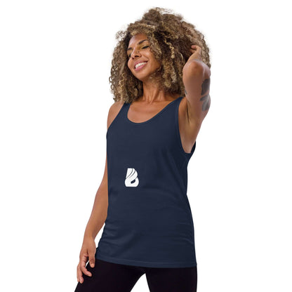 Model wearing Unisex-Tank-Top N°6, classic design, emphasizing quality and softness, ideal for versatile fashion.