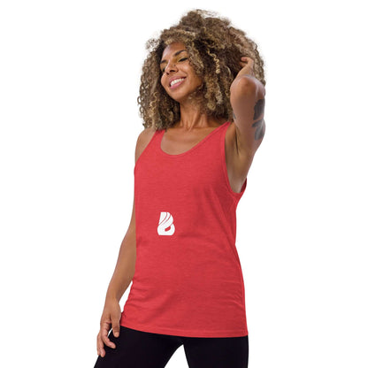 Unisex-Tank-Top N°6 in red, classic design with soft, quality fabric for all genders, modeled by a smiling person.