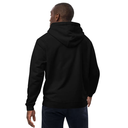 Model wearing Hochwertiger Öko Kapuzenpullover N°6, showcasing back view of eco-friendly hoodie in black made from organic and recycled materials.