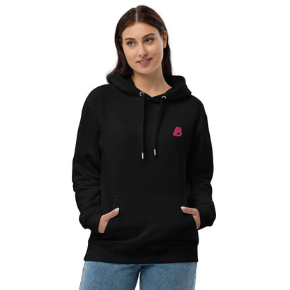 Woman wearing Hochwertiger Öko Kapuzenpullover N°4 with a comfortable fit and front pouch in black, made from organic and recycled materials.