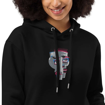 Woman wearing Hochwertiger Öko Kapuzenpullover N°3 with graphic design on front, made from organic cotton and recycled materials.