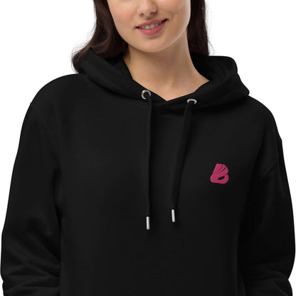 Hochwertiger Öko Kapuzenpullover N°4 in Schwarz mit Fronttasche und doppellagiger Kapuze, aus Bio-Baumwolle und recyceltem Polyester.
