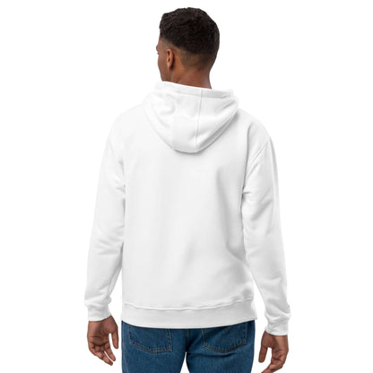 Back view of person wearing Hochwertiger Öko Kapuzenpullover N°8 in white, showcasing eco-friendly material and comfortable fit.