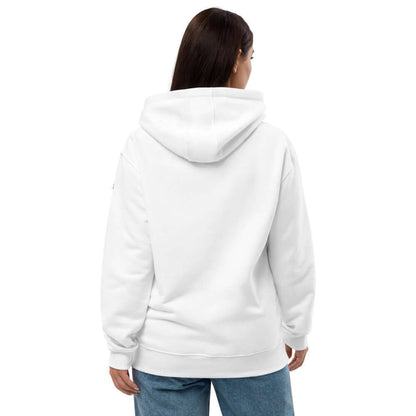 Rückansicht des Hochwertiger Öko Kapuzenpullover N°1 in Weiß, aus Bio- und recycelten Materialien mit bequemer Passform.