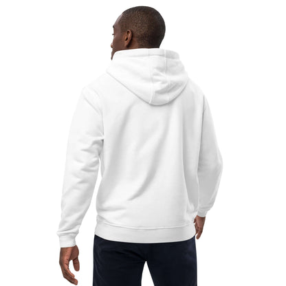 Rückansicht des Hochwertiger Öko Kapuzenpullover N°6 in Weiß, hergestellt aus Bio-Baumwolle und recyceltem Polyester.