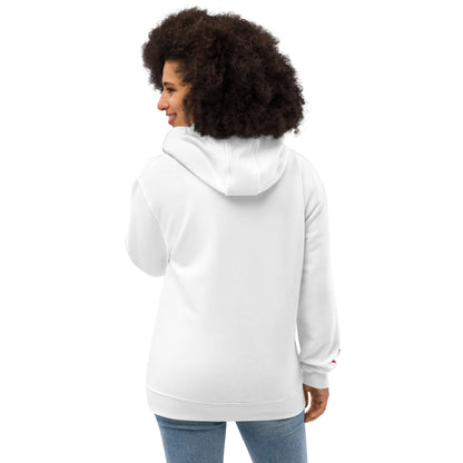 Back view of a model wearing Hochwertiger Öko Kapuzenpullover N°8, featuring organic cotton and recycled materials, with a cozy fit.