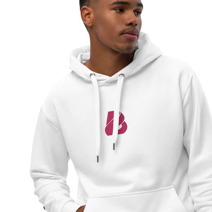 Man wearing white Hochwertiger Öko Kapuzenpullover N°8 with front pocket and stylish logo design, made from organic and recycled materials.