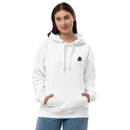 Woman wearing Hochwertiger Öko Kapuzenpullover N°2 with front pocket and double-layered hood in white.