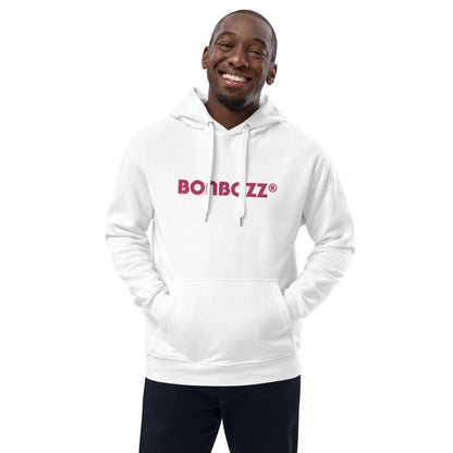 Man wearing Hochwertiger Öko Kapuzenpullover N°6 in white with front pocket and double-layer hood, showcasing eco-friendly fashion.