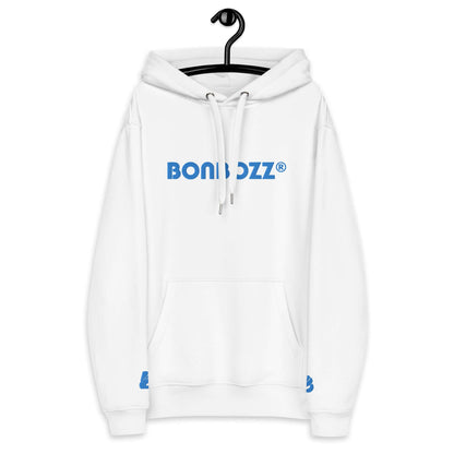 White hoodie on hanger with blue "BONIDZZZ" text, featuring a front pocket and drawstring hood. Hochwertiger Öko Kapuzenpullover N°7.