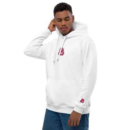 Model wearing white Hochwertiger Öko Kapuzenpullover N°8 with front pocket and hood, made from organic and recycled materials.