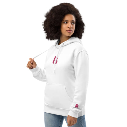 Woman wearing Hochwertiger Öko Kapuzenpullover N°8, white with front pocket and hoodie.