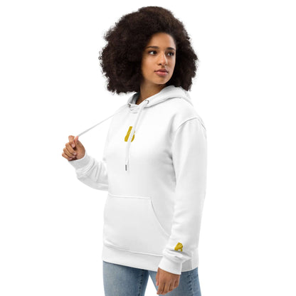 Hochwertiger Öko Kapuzenpullover N°9 in Weiß, aus Bio- und recycelten Materialien, mit bequemer Passform und Beuteltasche.