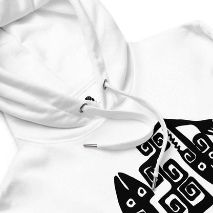 Hochwertiger Öko Kapuzenpullover N°1 aus Bio-Baumwolle und recyceltem Polyester mit Schwarz-Weiß-Muster und Kordelzug.