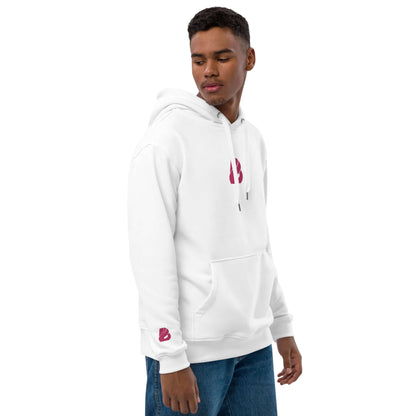 Hochwertiger Öko Kapuzenpullover N°8 aus Bio- und recycelten Materialien, weißer Hoodie mit Beuteltasche und doppellagiger Kapuze.
