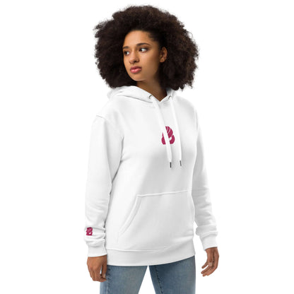 Alt Tag: Woman wearing Hochwertiger Öko Kapuzenpullover N°8 in white with front pocket and logo, made from organic and recycled materials.