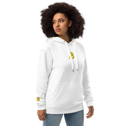 Person wearing Hochwertiger Öko Kapuzenpullover N°9 in white, featuring front pocket and double-layer hood for classic streetwear look.