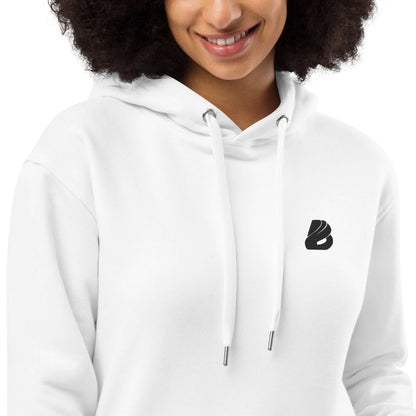 Woman wearing white Hochwertiger Öko Kapuzenpullover N°2 made from organic and recycled materials with front pocket and logo.