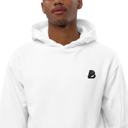 Hochwertiger Öko Kapuzenpullover N°2 in Weiß mit bequemer Passform und stilvoller Beuteltasche, gefertigt aus Bio- und recycelten Materialien.