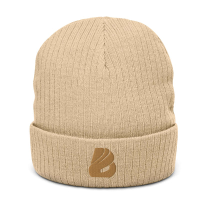 Gerippte Strickmütze N°0 in beige, stylisch zweilagig gestrickt, umweltfreundliches Material, passend für alle Kopfgrößen, 21 cm Länge.