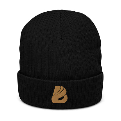 Schwarze gerippte Strickmütze N°0, stylische Beanie mit Bündchen, doppellagig, aus recyceltem Polyester und Acryl, perfekte Passform für alle Größen.