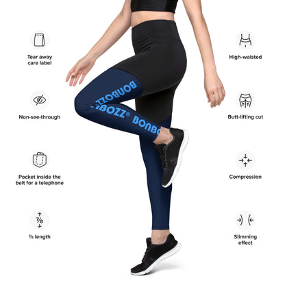 Woman wearing Sport-Leggings N°2 in a workout pose, highlighting features like compression, high-waist, and butt-lifting design.