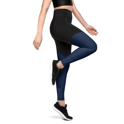 Woman wearing Sport-Leggings N°1 for active lifestyle workouts, featuring a sleek design in black and blue, ideal for fitness routines.