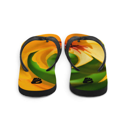 Colorful Flip-Flops N°5 with soft fabric-covered rubber sole, ideal for summer adventures. Featuring vibrant yellow and green design.