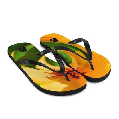 Flip-Flops N°5 with colorful floral design, featuring black Y-shaped rubber straps and cushioned polyester cover.