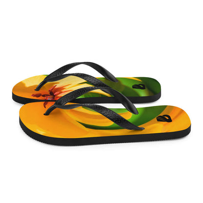 Colorful Flip-Flops N°5 with black Y-shaped straps and tropical design, featuring a cushioned rubber sole for summer adventures.