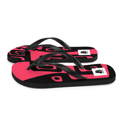 Colorful Flip-Flops N°7 with black Y-shaped straps and red pattern, featuring a comfortable rubber sole and polyester cover for summer adventures.