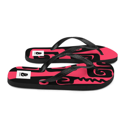 Flip-Flops N°7 with vibrant pink and black design, featuring comfortable Y-shaped straps and soft polyester overlay.