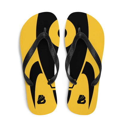 Flip-Flops N°6 with black Y-shaped straps and vibrant yellow design, featuring a comfortable rubber sole and print-ready polyester cover.