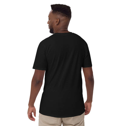 Kurzärmeliges Unisex-T-Shirt N°6 in black, back view, worn by model, showcasing durable double-stitched seams, soft and heavy cotton.