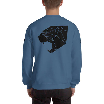 Unisex-Pullover N°0 with geometric black panther design on the back, shown in blue, made from soft air-jet spun yarn, perfect for cold months.