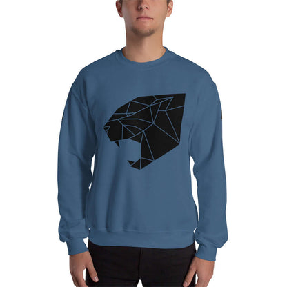 Unisex-Pullover N°0 in Blau mit schwarzem geometrischen Löwenprint, ideal für kalte Monate, strapazierfähig und warm, weiches Garn.