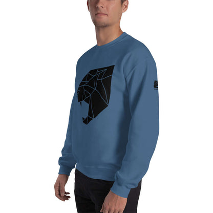 Unisex-Pullover N°0 in blue with geometric panther design, showcasing durable cotton-polyester blend for warmth and comfort.