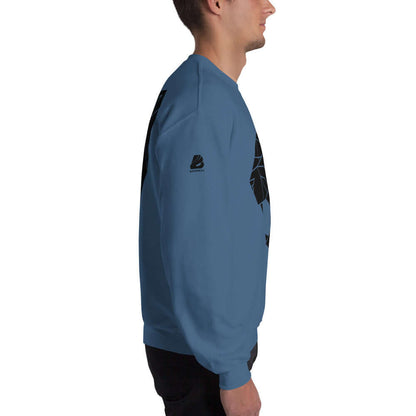 Side view of Unisex-Pullover N°0 in blue, featuring a classic fit with ribbed collar, cuffs, and waistband for warmth and comfort.