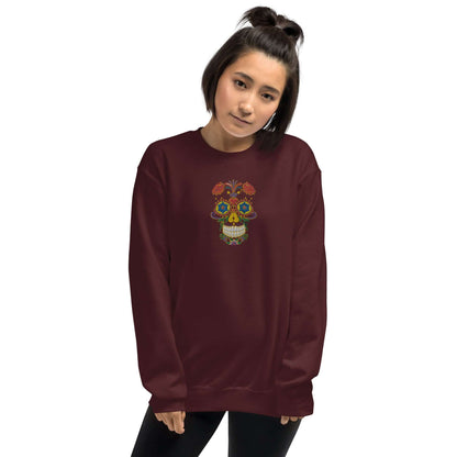 Model wearing Unisex-Pullover N°27 with embroidered colorful skull, durable and warm, pre-shrunk, 50% cotton, 50% polyester.