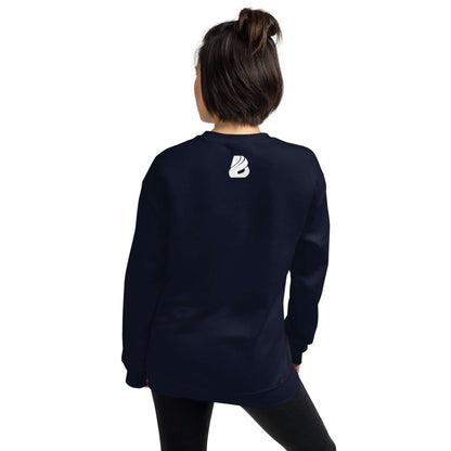 Person wearing Unisex-Pullover N°27, a navy blue durable and warm pullover, made from 50% cotton and 50% polyester.