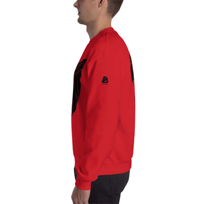 Side view of red Unisex-Pullover N°0 on model, featuring classic fit and durable, pre-shrunk fabric for warmth and comfort.