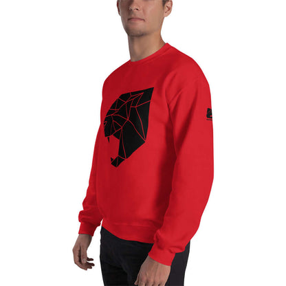 Unisex-Pullover N°0 in red with geometric lion design, perfect for warmth in colder months, featuring a classic fit with ribbed detailing.